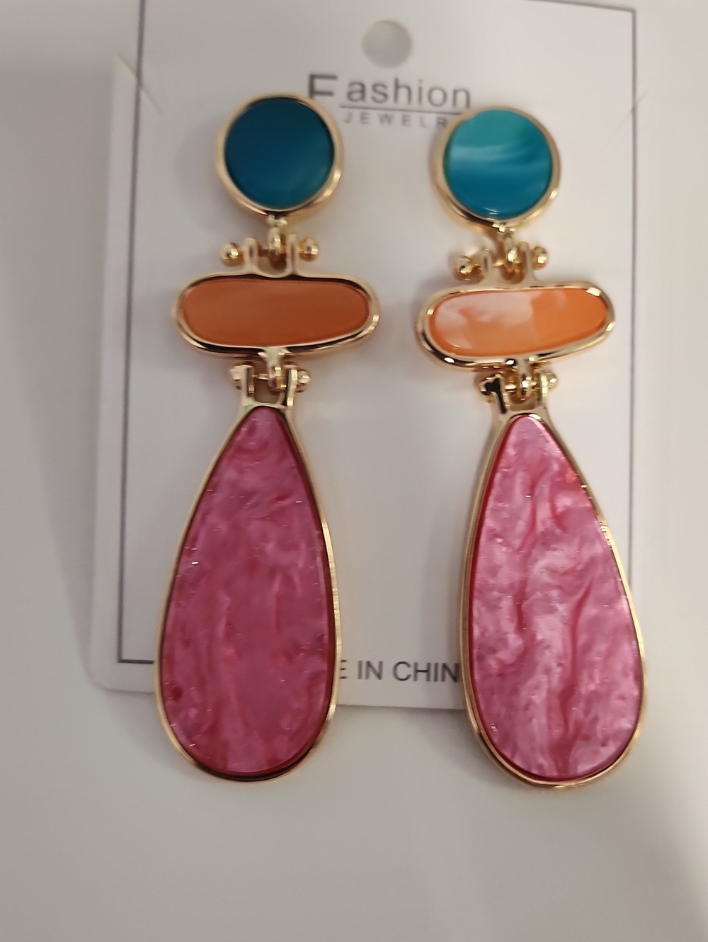 Jewelry Pink Teardrop Dangle Earrings with Blue & Orange Accents